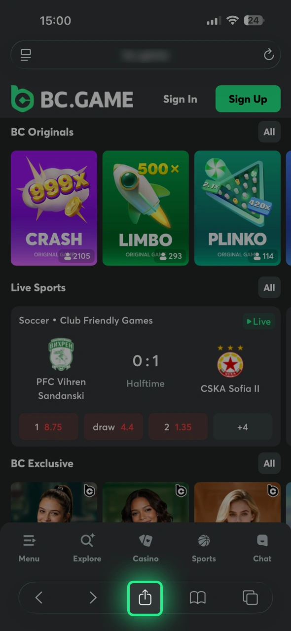 Click share in your browser to proceed with the BC Game installation.