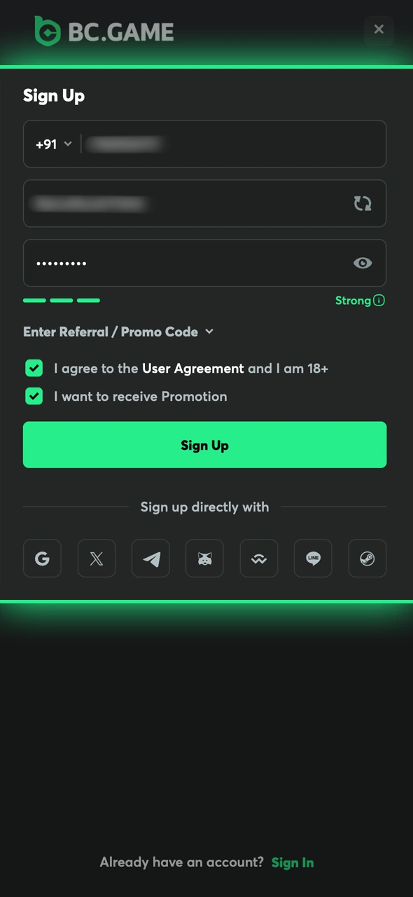 Complete registration to become a member of BC Game.