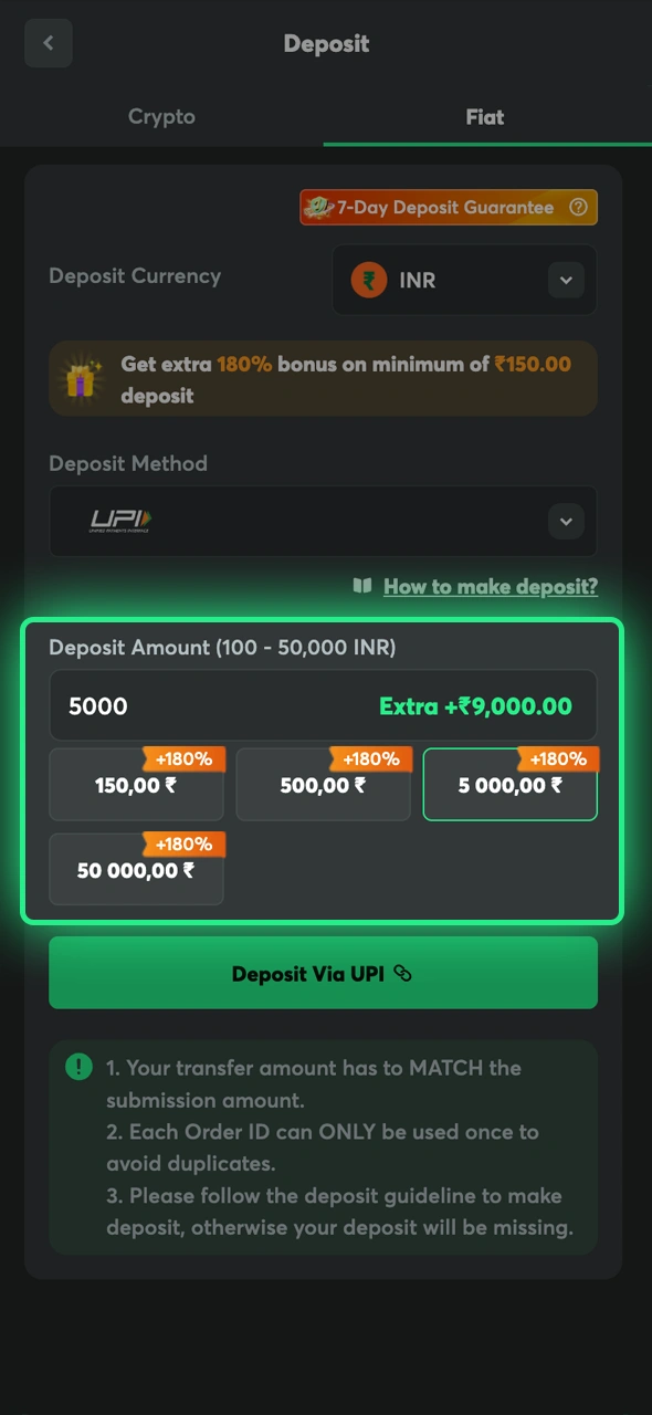 Enter the deposit amount you wish to add to BC Game.