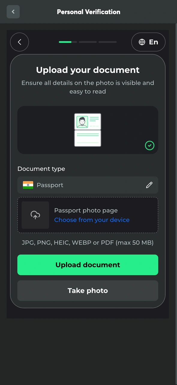 Start identity document upload to verify your BC Game account.