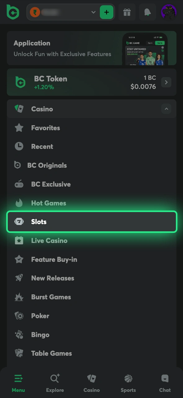 Open the slots section to discover top-tier games on BC Game India.