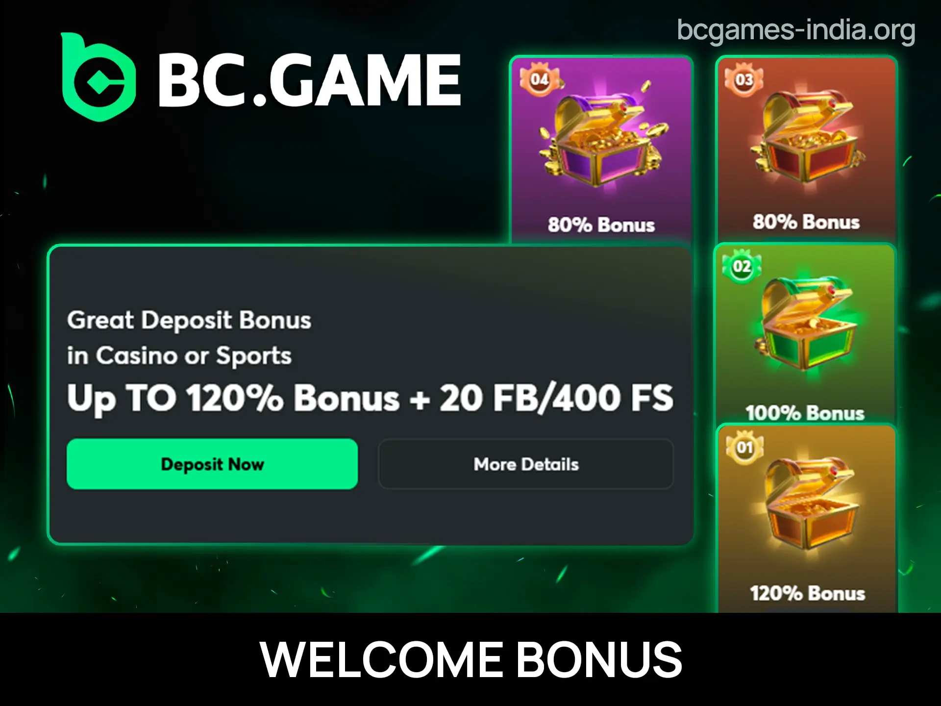 BC Game welcome bonus screen showing 120% match up to ₹100,000 plus free spins for new slot players